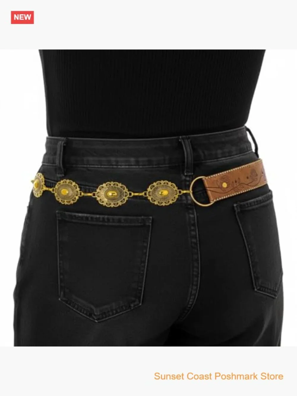 Concho West Embossed Leather Gold Tone Metal Concho Belt Boho Western Adjustable